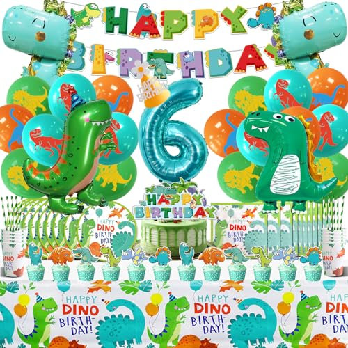 Décoration Anniversaire Dinosaure 104 Pcs,Dinosaures Anniversaire 6 Ans Garçon Fille,Jungle Dinosaures Vaisselle Set avec Nappe Assiette Gobelet,Ballon Dinosaure Hélium Deco Fête Kit