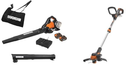 WORX - Aspirateur/Souffleur Brushless sans Fil 40V - 4Ah - WG583E & Powershare Coupe-Bordure sans Fil Alimenté par Pile Li-ION 20 V, WG163E.9 0W, 20V, Noir, Orange