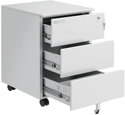 STAKMANN Büroschrank aus Metall mit 2 Schlüsseln und Schloss, Schubladencontainer mit Rollen, grau, ideal für Schreibtisch, Aktenschrank, Aktenschrank (3 Schubladen grau)