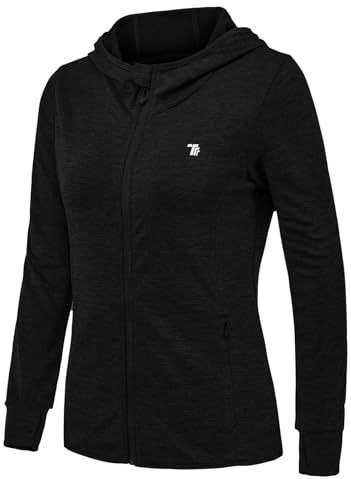 Rdruko Laufjacke Damen Sportjacke UV Jacke Trainingsjacke mit Kapuze | Leicht Sonnenschutz Wanderjacke Atmungsaktiv Fahrradjacke Langarm Sun Hoodie mit 4 Taschen Daumenloch für Laufen Yoga Fitness