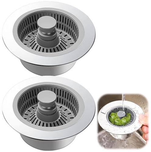 2 tapones para fregadero, 3 en 1 para fregadero, acero inoxidable 304, antiatascos, filtro de desagüe de cocina, filtro de desagüe de cocina, apto para fregadero, orificio de 71 – 85 mm