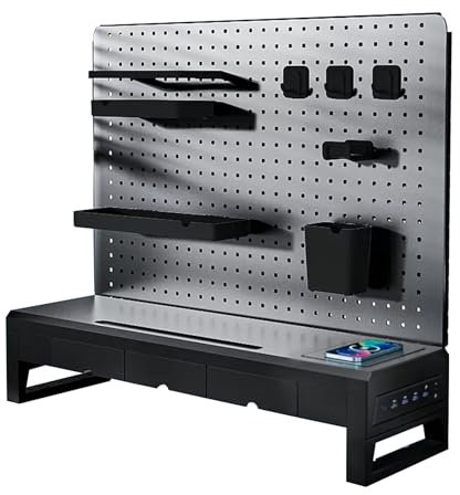 JCSRYD Desk Top Storage Drawers Smart Desktop Monitor Stand with Drawers, Magnetic Metal Peg Board, Standing Desk Accessories for Office, Gaming Desk Organizer(Svart,70x52cm)