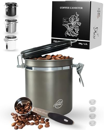 Pro@Home43® - Kaffeedose luftdicht 500g - Gun Metal - Kaffeebohnen Vorratsbehälter 1,5L aus Edelstahl mit Kalenderfunktion, inkl. Dosierlöffel und 4x C02 Ersatzventilen, stilvolle Verpackung