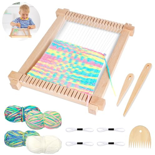 JABNOW Webrahmen für Kinder,DIY Webrahmen Set 28x24cm,Weben Groß für Kinder ab 4 5 6 7 8 9 10 Jahre,Webbrett Holz mit Nadel, Kamm,Weißer Faden,Farbige Wolle,Idea für Anfänger, Kinder