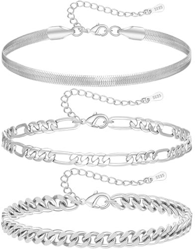 MUCCA Men's Sterling Silver Bracelet Set - Adjustable Cuban Link & Figaro Rope Styles - Perfect Gifts for Men