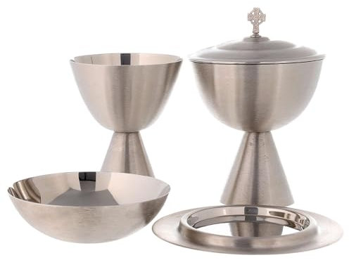 Holyart Kelch, Pyxis und Patene aus satiniertem versilbertem Messing im modernen Stil, Kelch