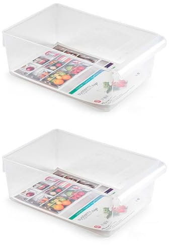 Tradineur - Pack de 2 cajones organizadores Reutilizables para frigorífico Nº 9, Recipiente de plástico Polipropileno con asa, Fruta, verdura, Fabricado en España (Translúcido - 10 x 19,5 x 29 cm)