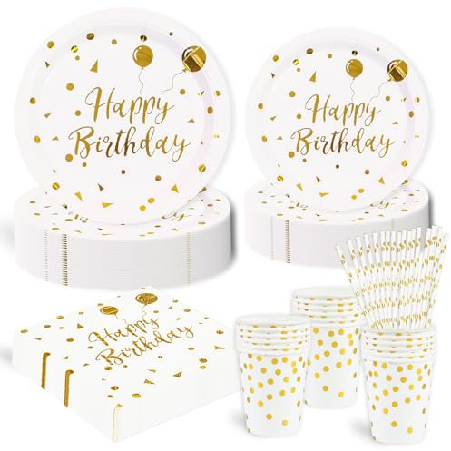 Lot de 125 assiettes blanc et doré en carton décoration d'anniversaire pour 25 invités les Fêtes, Mariages, Fêtes de Remise des Diplômes, Assiettes de Fête