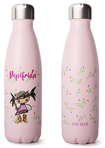 PEPITA VIAJERA PepiFrida Botella Térmica de Acero Inoxidable, 500 ml, Diseño Floral Rosa,Termo a prueba de fugas para oficina y deporte, Doble Pared (rosa)
