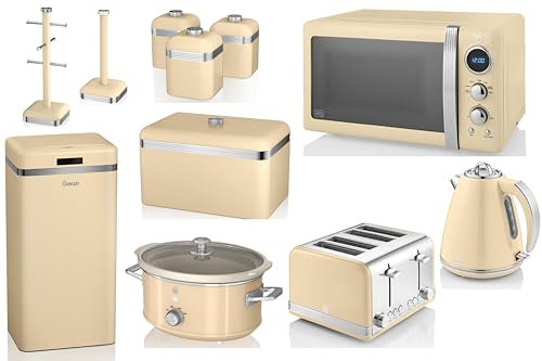 Swan Retro Cream 1.5L 3KW Jug Kettle, 4 Slice Toaster, 800W Microwave, 3.5L Slow Cooker, 45L Kitchen Sensor Bin, Bread Bin, Canisters, Mug Tree and Towel Pole. Matching Retro Design Kitchen Set of 11