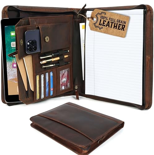 Leather Portfolio for Men, Portfolio Organizer with Zipper for Men Women, Leather Padfolios Business Resume Legal Pad Notebook Binder for A4/Pad (Brown)