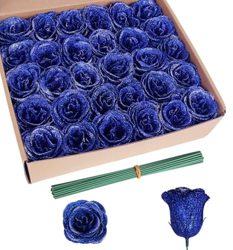Rzoukler Bouquet di rose finte glitterate blu reale, 30 rose artificiali scintillanti con steli, per matrimoni, feste, Natale, decorazione per la casa (blu reale con glitter argento)