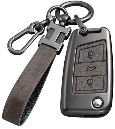 Coque de clé de voiture grise pour VW Golf 7 en alliage de zinc 3 boutons compatible avec MK7 Polo T-ROC Tiguan Skoda Superb Octavia Seat Leon Ibiza avec porte-clés en cuir