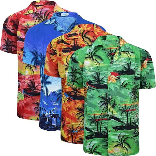 WJL WHISPERING JONES LONDON Mens 4 Pack Hawaiian Shirts Short Sleeve Designer Holiday Summer Floral Palm Tree Beach Casual Printed Top, Assorted, M