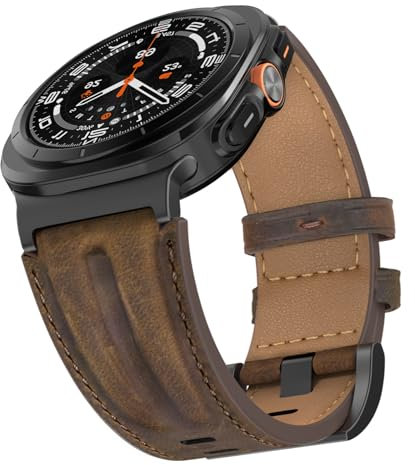 Bouixel Top Grain Echtlederband kompatibel mit Samsung Galaxy Watch Ultra Armband 47mm Herren Frauen, Breite Robuste Metall-Anschlussband für Galaxy Watch Ultra (2024/2025)