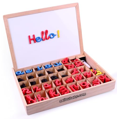 Letras Magnéticas Montessori para Aprender a Leer y Escribir | Abecedario Móvil Cursiva Ligada con Números | Pizarra Reversible y Caja de Madera | Juego Educativo Infantil 3+ Años