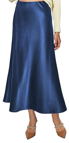 Vossmi Gonna Raso Lunga da Donna Vita Alta Elegante Elastico Gonna Satin Casual Midi Gonne A Linea Ufficio Seta Pieghe Skirt a Mezza Autunno