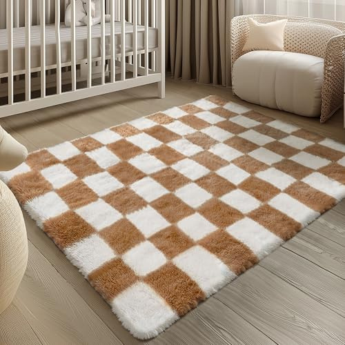HUGEAR Kariert Flauschig Teppich Wohnzimmer 120x180cm Braun Weiß Shaggy Carpet