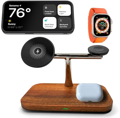 3-in-1 Real Natural Wood Wireless MagSafe Compatible Magnetic Charger Stand Station for Apple iPhone 17/16/15/14/13/12, Plus, Mini, Pro, ProMax, Apple Watch AirPods, Fast Charging 15W