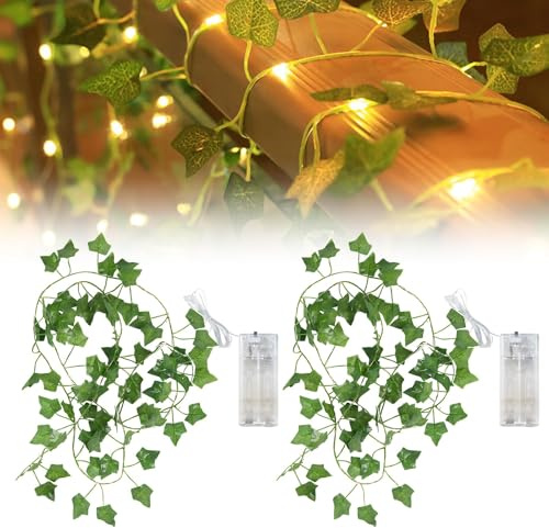 Stalora Lichterkette, Efeu, 2 m, mit LEDs, dekorative Lichterkette, grüne Blätter, batteriebetrieben, für Innendekoration, Schlafzimmer, Hochzeit, Party, romantische Atmosphäre