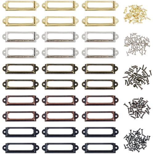 SUPERFINDINGS 100 Pcs Name Card Frame 60x17mm Iron Shelf Label Holder Vintage File Drawer Name Plate Frame with Screws Library File Drawer Tag for Library Cabinet Hardware Box Case Bin