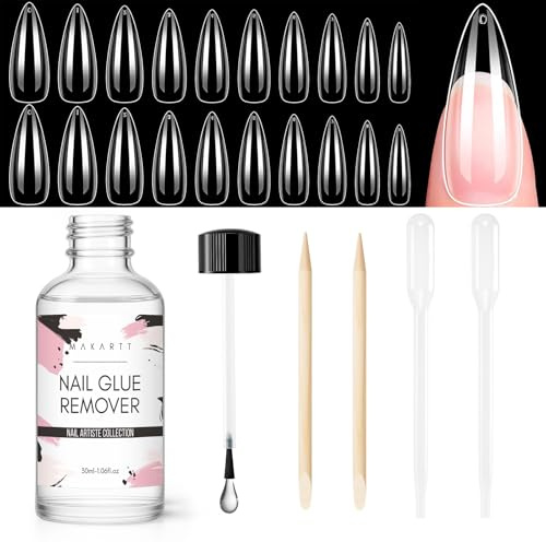 Makartt Press On Nails & Removal Kit – 500pcs Clear Almond Nail Tips with Nail Glue Remover, Full Cover Nail Extension Tips Set for DIY Press On Nails and Easy Removal