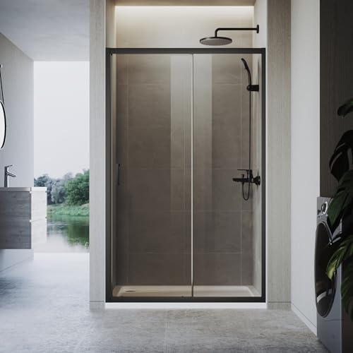 ZANOFIRA 1200mm Black Sliding Shower Enclosure 6mm Safety Tempered Gray Glass Screen Smooth Sliding Shower Door Reversible for Wet Room Bathroom Cubicle Screen Door