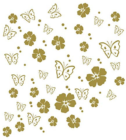 kleb-drauf | 19 Blüten, 19 Schmetterlinge und 42 Punkte | Gold - glänzend | Wandtattoo Wandaufkleber Wandsticker Aufkleber Sticker | Wohnzimmer Schlafzimmer Kinderzimmer Küche Bad | Deko Wände Glas Fenster Tür Fliese