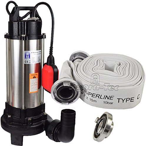 Agora-Tec® AT- Baupumpe-C 1300W (mit Schneidwerk) Tauchpumpe für Schmutzwasser, Fäkalien und organische Feststoffe mit Schwimmerschalter und max: 1,05 bar und max: 17500l/h inklusive C - STORZ Kupplung und (C-Schlauch: 15 Meter)
