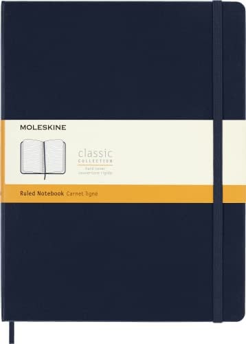 Moleskine Klassisches Notizbuch, Liniertes Notizbuch, Hardcover und Elastischer Verschluss, Größe XL 19 x 25 cm, Saphirblau, 192 Seiten