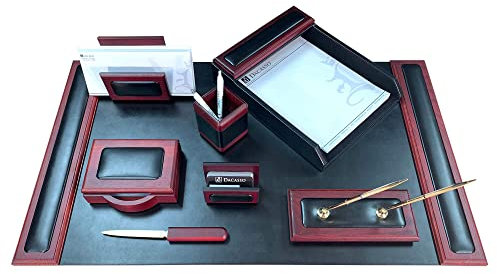 Dacasso Schreibtisch-Set, Rosenholz und schwarz Leder, 8-teilig