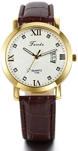 JewelryWe Accessoires Montre Bracelet Montre Homme d'affaire Commercial Aiguille Calendrier Cadran Chiffre Romain Simple Quartz Cuir Alliage Faux Diamant avec Sac Cadeau