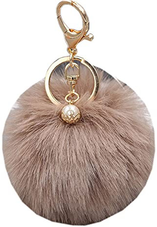 Shining crown Flauschiger Ball Auto Schlüsselanhänger Frauen Pom Pom Handtasche Charms Anhänger Perle, Schnalle in hellem Kaffeebraun, M,