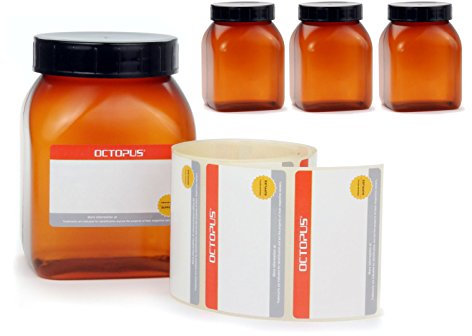 Octopus 4 x 500 ml plastic cups with lid, plastic jars, spice jars, wide neck cups with large opening and screw cap with labelling labels.