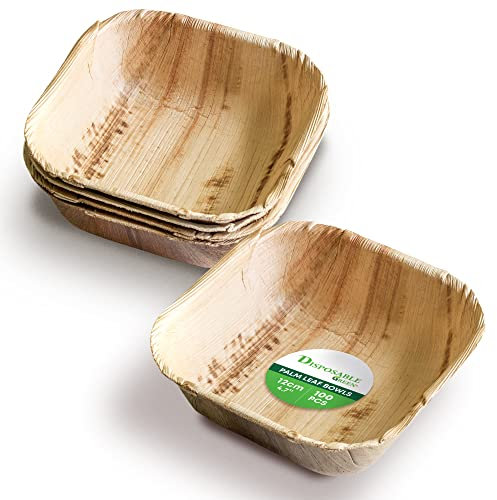 DISPOSABLE GREEN – Square Disposable Bowls, Areca Leaf Serving Bowls, Serving Bowls for Parties, Weddings, Catering, & More, Disposable Bowls for Hot Food & Cold Food, 12L x 12W x 4D cm, 100-Pcs