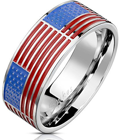 Tapsi´s Coolbodyart® Fingerring Statement Bandring Edelstahl 316L Silber US Flagge Emailliert Größe 57(18)