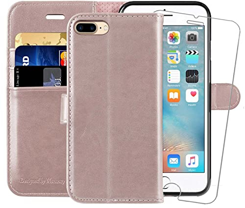 MONASAY Wallet Case for iPhone 7 Plus Wallet Case/iPhone 8 Plus,5.5 -inch [Glass Screen Protector Included] Flip Folio Leather Cell Phone Cover with Credit Card Holder,Rose Gold