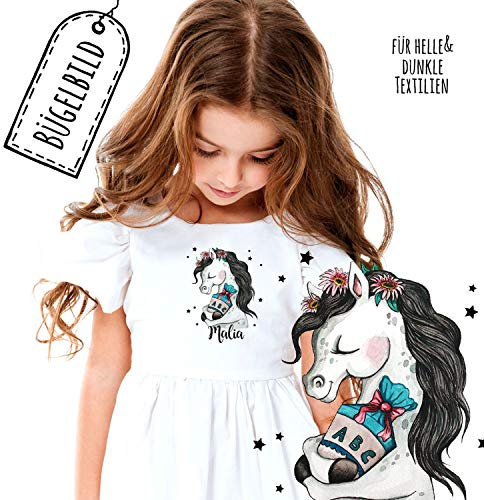 Bügelbilder zur Einschulung Pferdchen mit Schultüte Sterne & Name Schulkind Applikation Shirt Taschen Bügelbild Patch in A5 bb196 ilka parey wandtattoo-welt®