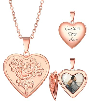 Custom4U Collier Personnalisé Photo Coeur Médaillon - Intérieure et Gravure Texte Pendentif Photo Argent/Or/Or Rose, Cadeau pour Maman Épouse Petite Amie, Anniversaire Fête des Mères Noël