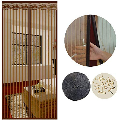 SUNJUN Cortina mosquiteras para puertas, 80 x 200cm, Anti insectos moscas y mosquitos, Con imanes cierre automático y, Para puertas correderas/balcones/terraza（marrón）