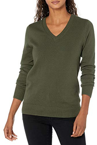 Amazon Essentials Maglione Leggero con Scollo a V Maniche Lunghe, 100% Cotone Donna, Verde Oliva, XL