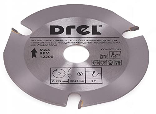 DREL Lame de scie pour meuleuse d'angle - 3 dents - 125 mm - 22,23 mm - Trou intérieur - Pour meuleuse d'angle - Pour bois - Plaques en fibres dures - Carton de plâtre - Ciment et plastique PCV.