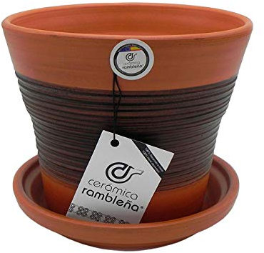 CERÁMICA RAMBLEÑA | Macetas de Barro Rojo | Macetas Decorativas | Macetas de cerámica | Macetas Exterior | Marrón-Nogal | Decoración 100% Hecho a Mano | 25x25x22 cm | Plato Incluido