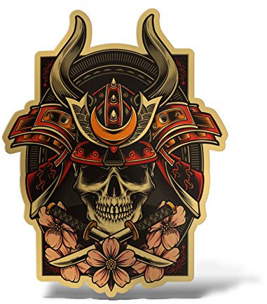 Erreinge® Aufkleber Gold 10 cm Samurai Totenkopf Japan Sticker bedruckt für Auto Motorrad Wand Stoßstange Computer Laptop Fahrrad