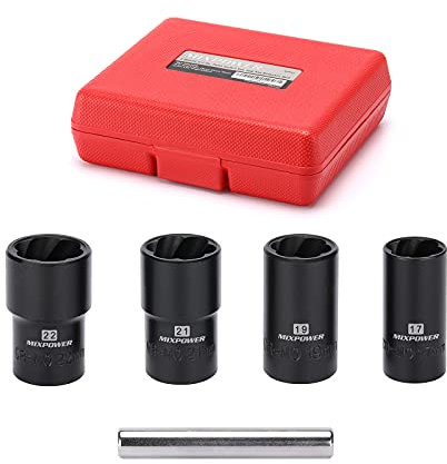 MIXPOWER 5 Pieces 1/2 Drive Nut and Bolt Extractor Set, Lug Nut Remover Extractor Tool, 17 19 21 22mm Sockets & 12mm Center Punch Bar, Twist Socket Tool Set