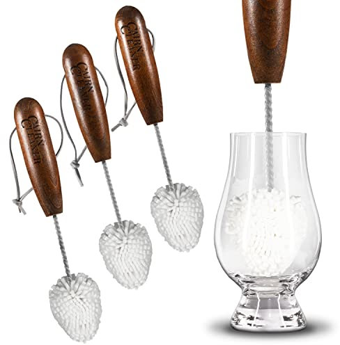 CairnCleaner Whiskey Tasting Glass Brush - Also for wine glasses and champagne flutes, Dark Hardwood 3-Pack