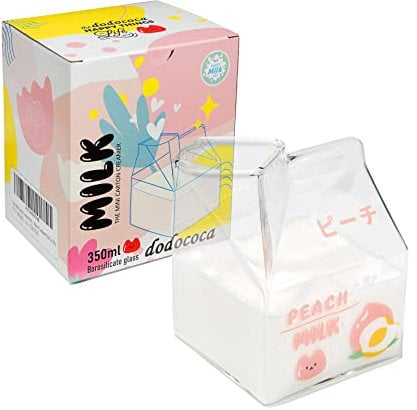 Kawaii Glass Milk Carton Cup Clear Cute Milk Cup Mini Creamer Pitcher Container Microwavable 12 Oz, 1Pcs(Peach)