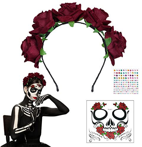 WEDNOK Tag der Toten Haarreif Dia de los Muertos Stirnband Rosen Haarband mexikanischen Blumen Kronen Day of The Dead Haarschmuck mit Gesicht Tattoos für Karneval Fasching Halloween Mottoparty