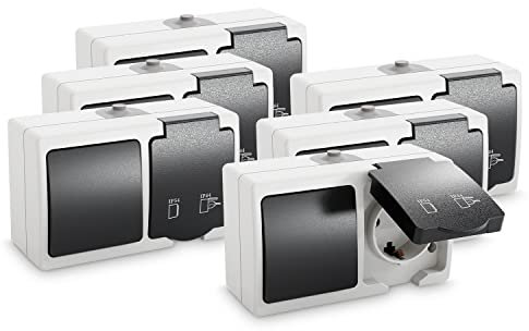 greate 6x Aufputz Schalter Steckdose Kombination mit IP54 für Feuchtraum - Steckdose Aufputz mit Wechselschalter 250V & 16A - Aufputzsteckdose mit Schalter, Steckdose Schalter Aufputz