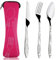 Acehome Cutlery Set with Portable Pouch Case, Stainless Steel Flatware Camping Utensil Set with Neoprene Bag for Outdoor Travel Picnic Office School Lunch Box (3 Pcs Rose Red)